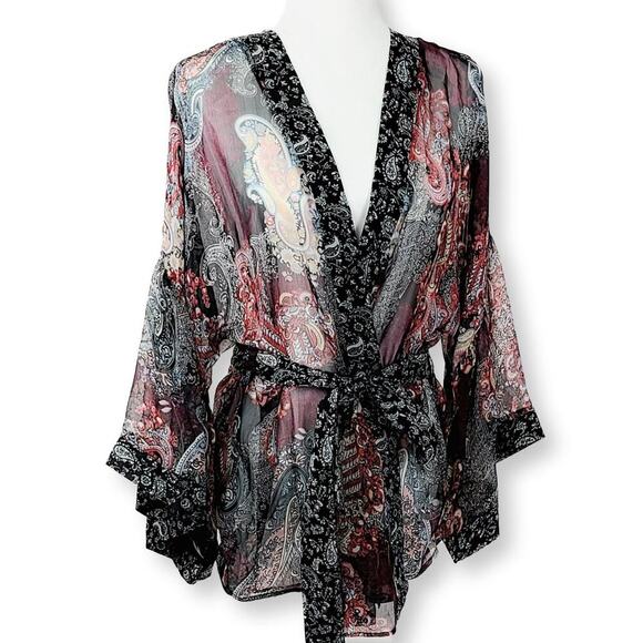 New Steve Madden Women's Boho Semi-sheer Paisley Print Belted Kimono Top - Picture 3 of 5